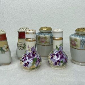 Antique Nippon Hand-Painted Floral Porcelain Salt & Pepper Shakers - Set of 3